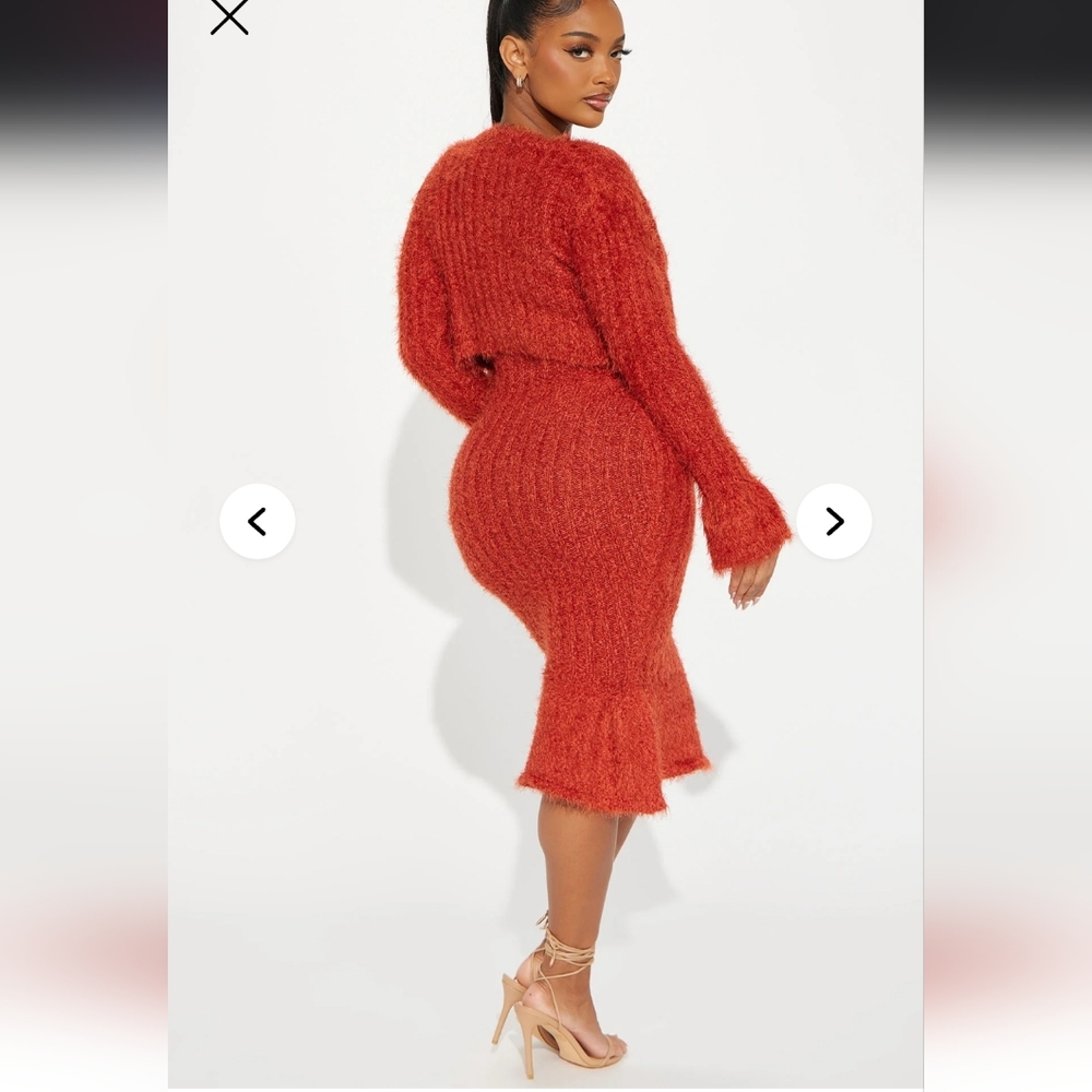 Fuzzy Knit Midi Dress with Matching Shrug - Red/Rust - Picture 4 of 5